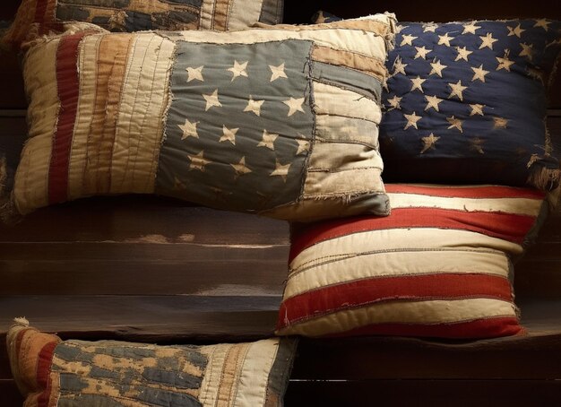 Plusieurs oreillers sont empilés sur une étagère avec un drapeau sur eux.