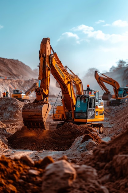 Plusieurs ouvriers utilisent des excavatrices pour creuser la terre.