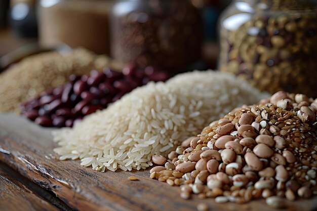 Plusieurs paquets de riz et de grains de café sont alignés sur un sol en bois