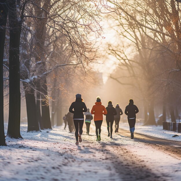 Plusieurs personnes courent le long d'un sentier dans un parc d'hiver