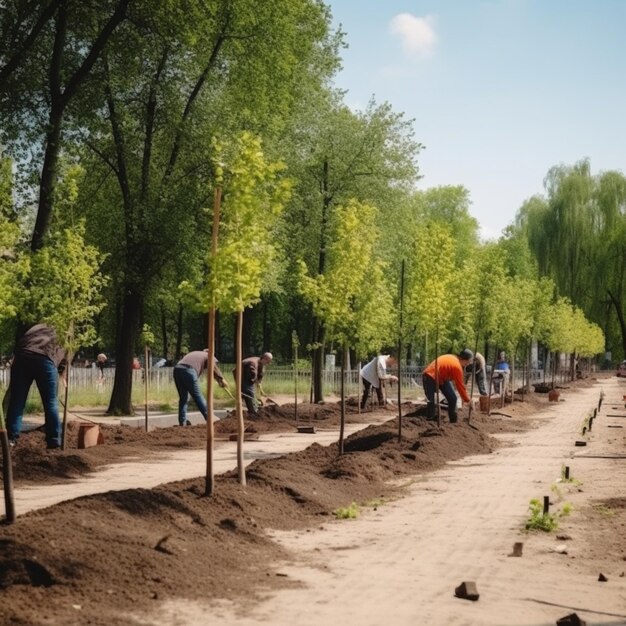 plusieurs personnes plantent des arbres dans le parc