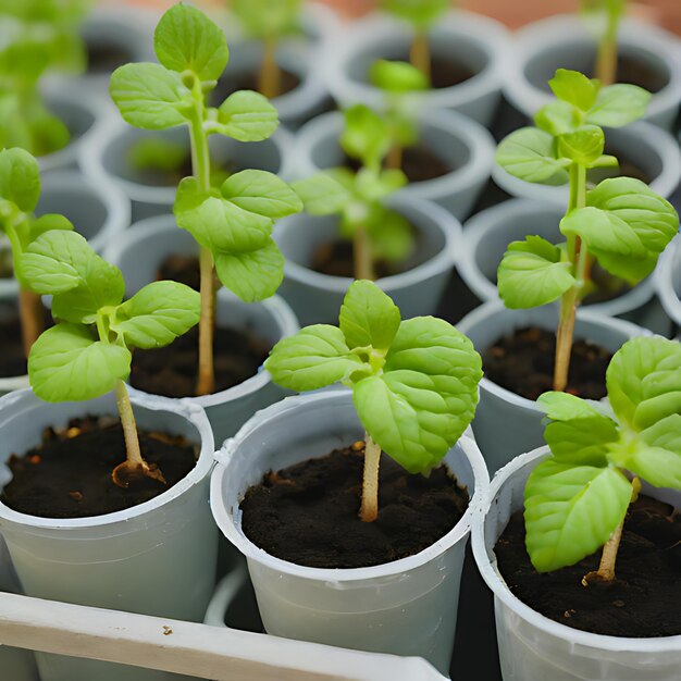 plusieurs petites plantes sont alignées dans une rangée dont l'une est verte