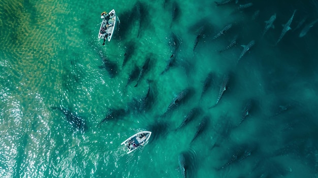 Plusieurs petits bateaux sont dans l'eau près d'un groupe de baleines générative ai