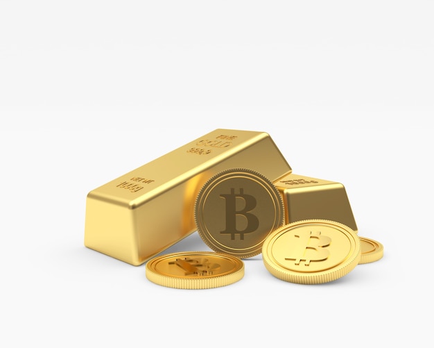 Plusieurs pièces de monnaie bitcoin avec des lingots d'or