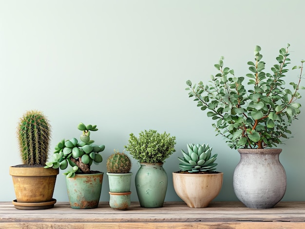 plusieurs plantes et cactus sur une table en bois