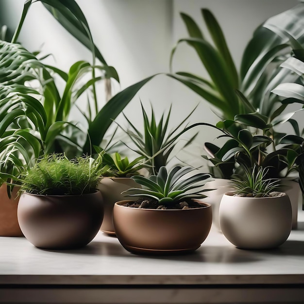 Photo plusieurs plantes en pot sont assises sur une table dont l'une a une plante en elle