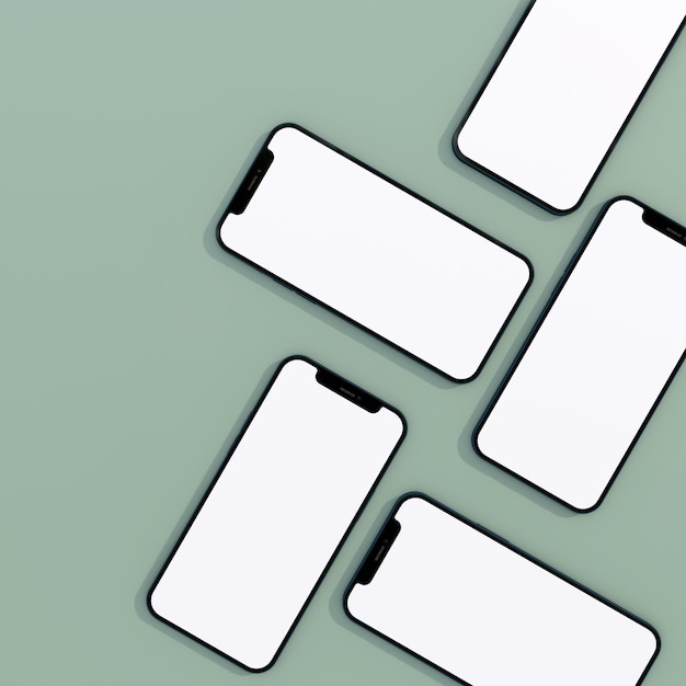 Plusieurs smartphones avec des écrans blancs sur un fond bleu teal