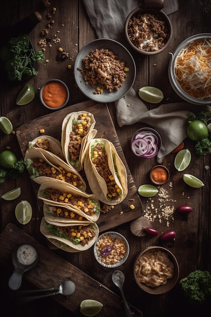 Plusieurs tacos sont sur une planche de bois avec un bol de salsa génératif ai