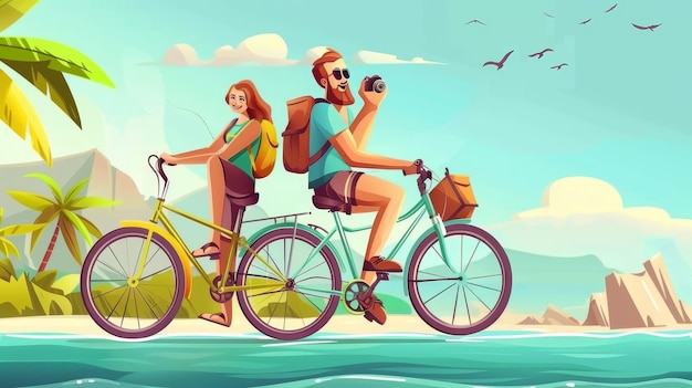Photo plusieurs touristes font du vélo en vacances ou en loisirs actifs cartoon concept d'éco-tourisme moderne avec une femme prenant une photo à la caméra et un homme faisant du vélo contre un naturel