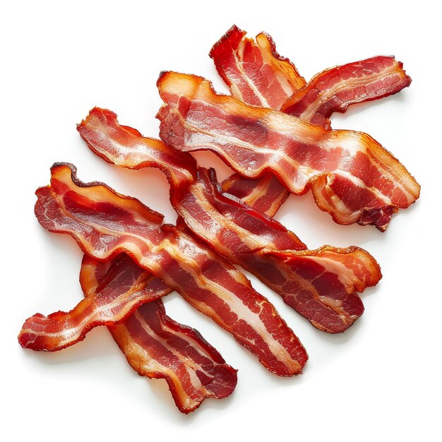 Photo plusieurs tranches de bacon séché dans une pile sur un fond blanc les tranches de bacon sont minces translucides et roses avec des rayures de marbre blanc