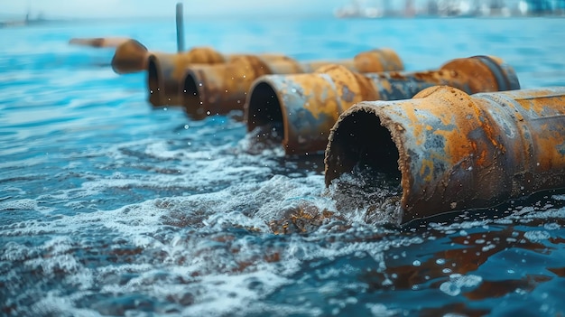 Plusieurs tuyaux corrosés dans l'eau libérant des effluents avec un impact environnemental évident