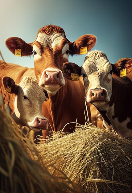 Plusieurs vaches dans les enclos mangent du foin généré par l'IA