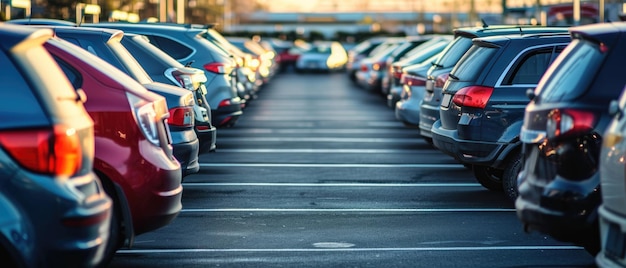 Plusieurs véhicules bien alignés dans un grand parking