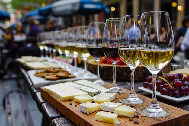 Photo plusieurs verres de vin et de fromage sur une table