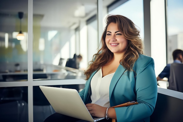 Plussize en surpoids belle grande femme d'affaires souriant à son ordinateur portable