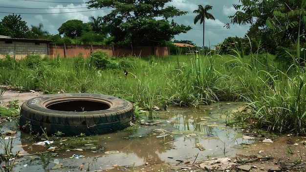 Un pneu abandonné rempli d'eau stagnante est un site de reproduction potentiel pour les larves de moustiques.