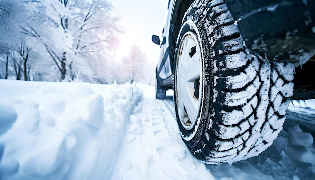 Un pneu d'hiver recouvert de neige sur une route enneigée