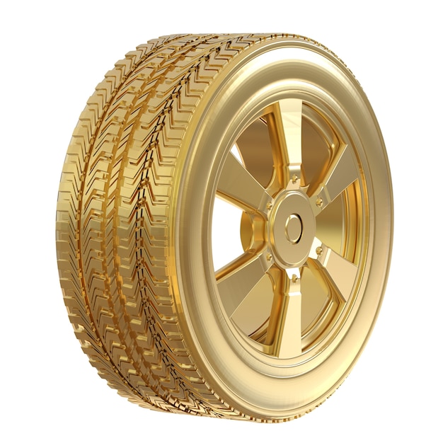 Photo pneu d'or de rendu 3d avec roue d'or isolé sur blanc