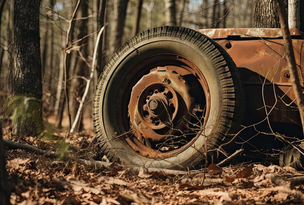 un pneu rouillé dans les bois dans le style de détails photoréalistes