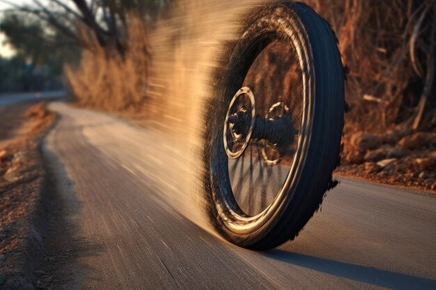 Photo pneu de vélo bien usé en mouvement montrant la vitesse créé avec une ia générative