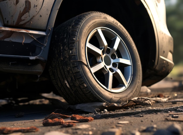 Un pneu de voiture coupé couvert de boue sur une route boueuse en gros plan