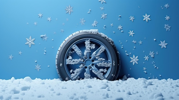 Photo un pneu de voiture avec des flocons de neige réalistes sur fond bleu