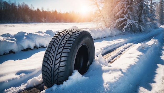 pneu de voiture d'hiver avec des détails de pneus de voiture en hiver saison neigeuse sur la route couverte de neige et de mo