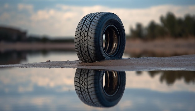 Un pneu de voiture sale reflète la nature humide du paysage, la réparation des équipements de transport générée par l'intelligence artificielle