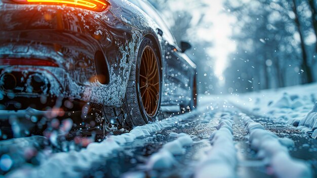 Pneus d'hiver sur la route enneigée Pneus de voiture dans la neige