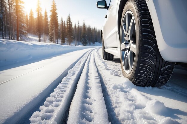 Pneus d'hiver Voiture sur route enneigée Pneus sur autoroute enneigée détail