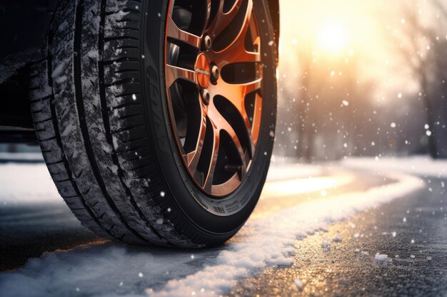 Pneus de voiture enneigés d'hiver pendant la saison d'hiver enneigée sur route mouillée Ai générative