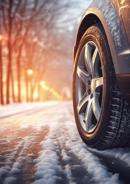 Pneus de voiture enneigés d'hiver pendant la saison d'hiver enneigée sur route mouillée Ai générative