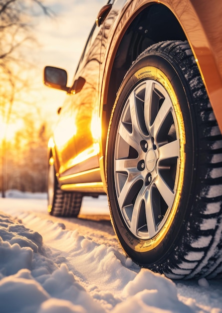 Pneus de voiture enneigés d'hiver pendant la saison d'hiver enneigée sur route mouillée Ai générative