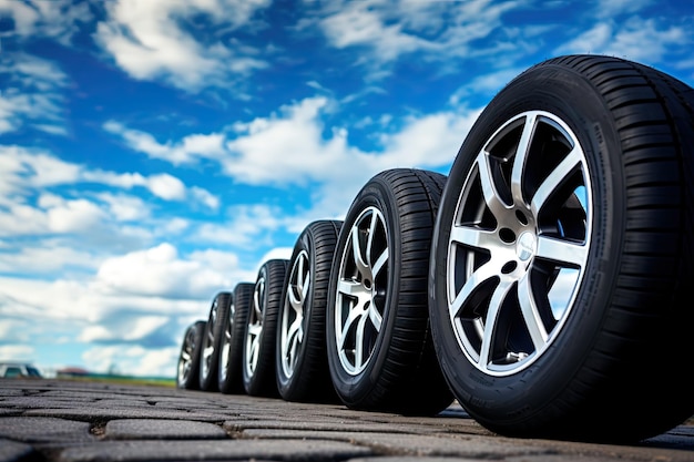 Des pneus de voiture neufs sont disposés dans une rangée avec un fond saisissant d'un ciel bleu orné de blanc