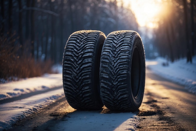 Pneus de voiture sur route hivernale