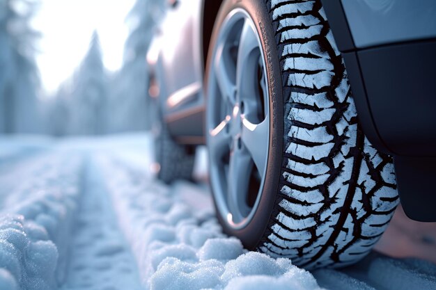 Pneus de voiture de voyage sur route enneigée recouverts de neige en hiver