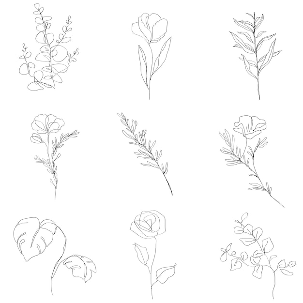 Png fleurs collection d'illustrations à la ligne minimale