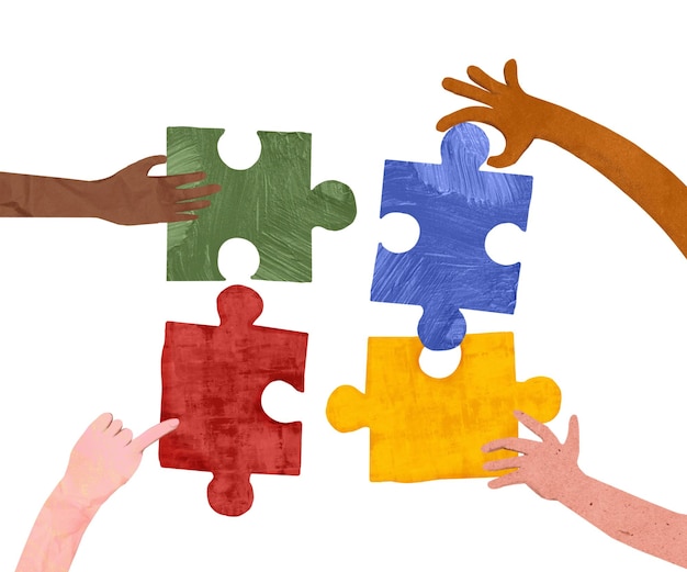PNG Les gens tenant des puzzles travail d'équipe artisanat du papier collage fond transparent