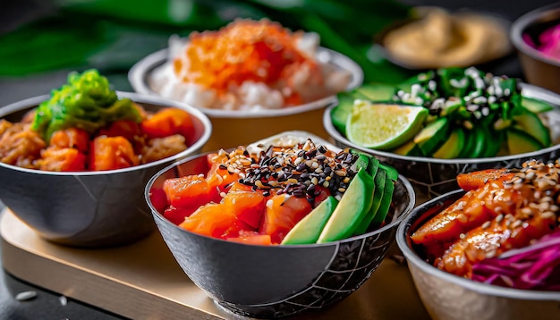 Photo poche un bol avec du saumon, de l'avocat et des légumes et des fruits colorés.