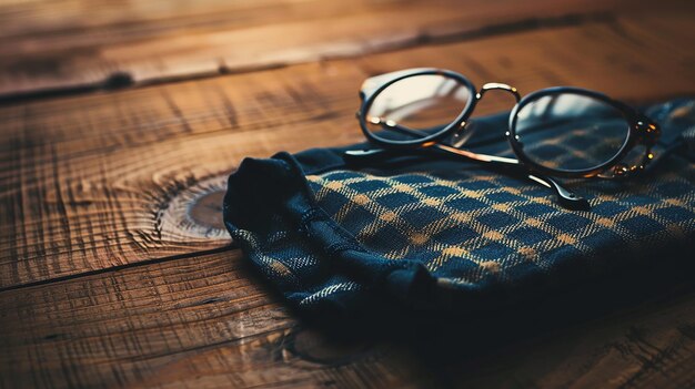 Poche à lunettes sur table en bois