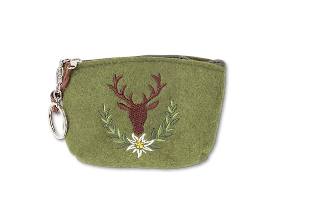 Une pochette en tissu vert avec un cerf et une fleur dessus.