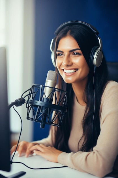 Podcaster féminine enregistrant et diffusant son podcast à domicile femme travaillant à domicile lisant un