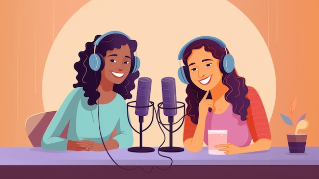 Podcasting Duo Concept Femmes Podcast avec deux femmes différentes en conversation et en échange