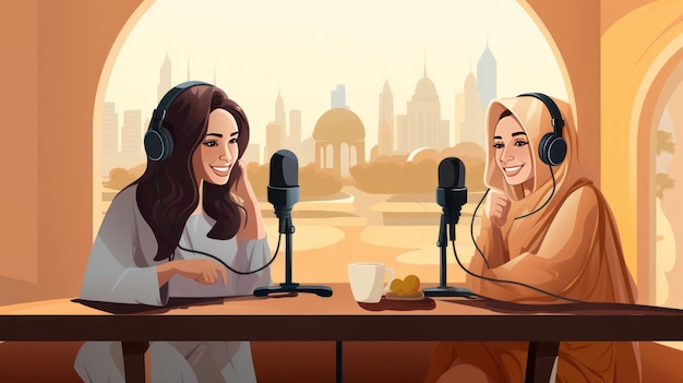 Photo podcasting duo concept podcast arabe avec deux femmes arabes en conversation et en échange