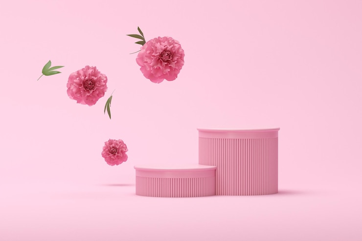 Photo podium 3d afficher fond rose pastel avec fleur de pivoine et cadre vintage rendu 3d