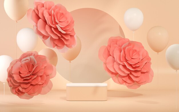 Podium 3D afficher fond rose pastel avec des fleurs de pivoine bulle et ombre de feuille de palmier rendu 3d