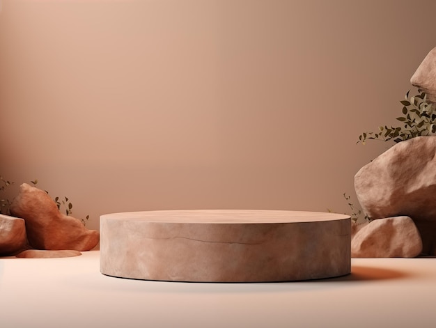Podium 3D beige avec verdure et texture de pierre pour la présentation du produit en arrière-plan
