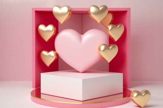 un podium 3D avec un cadeau en forme de cœur sur fond rose