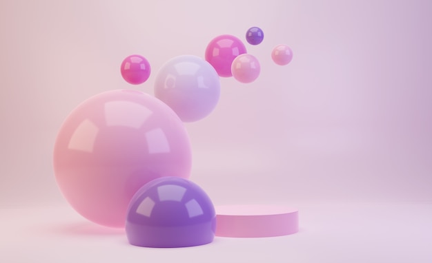 Podium en 3D dans des tons rose bonbon et violet avec des boules roses brillantes ou des sphères volant dans les airs. Rendre la scène pour la présentation du produit.
