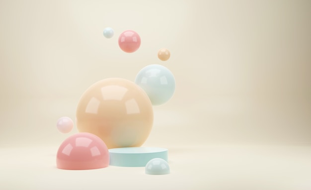 Podium en 3D dans des tons rose clair et bleu avec des boules ou des sphères brillantes